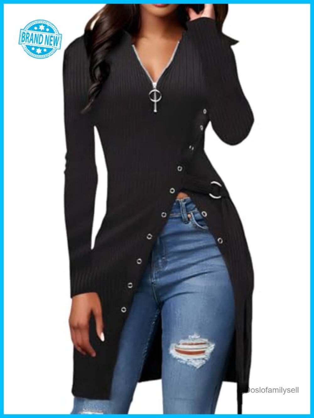 Ribbed Asymmetrical Split Hem Long Sleeve Tunic Top Women's